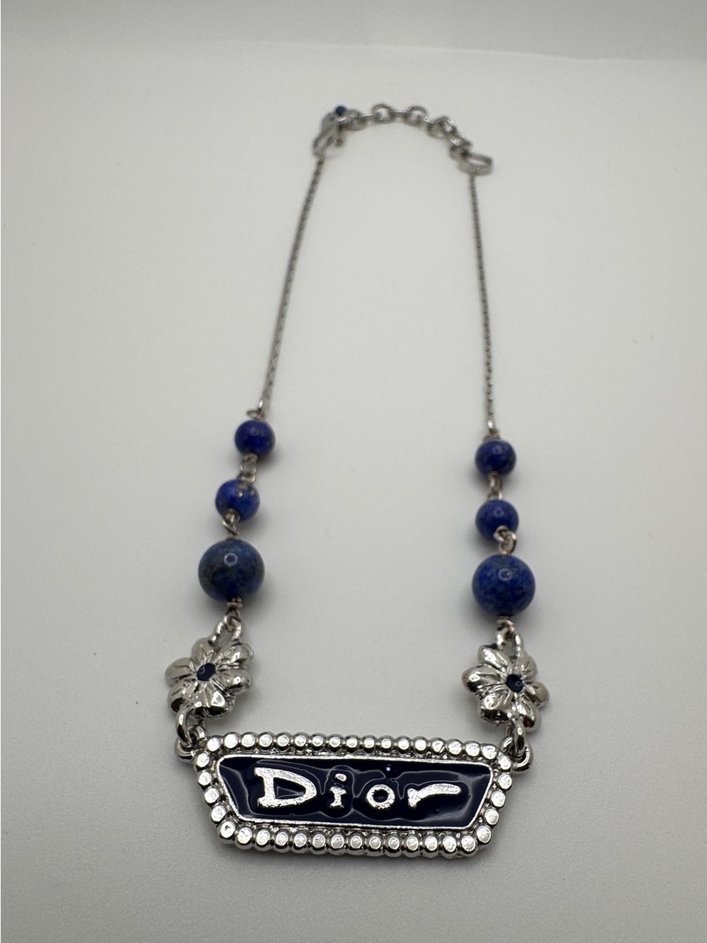 Christian Dior “Dior” Lapis Gemstone Silver Chain Logo Nameplate Necklace